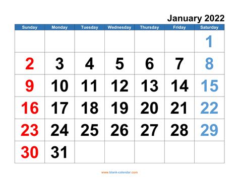 Printable January 2022 Calendar Pdf